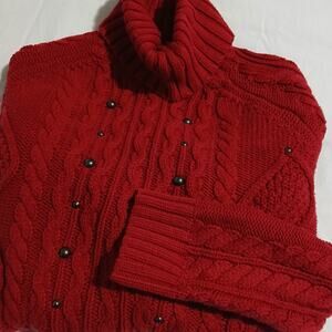 Relativity XL Red Cable-Knit Sweater Long-Sleeved Cotton Blend Metallic Accents